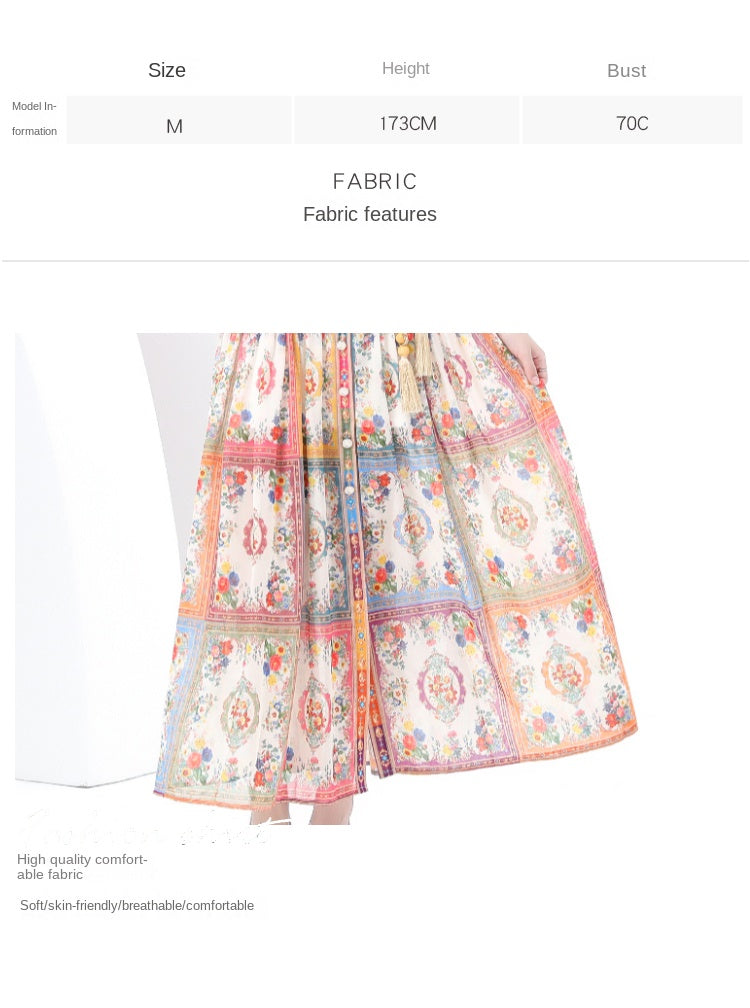 Original design: Spring, Summer, Autumn, vintage style, stand collar, sleeveless, wavy edge, long printed dress 2-piece set