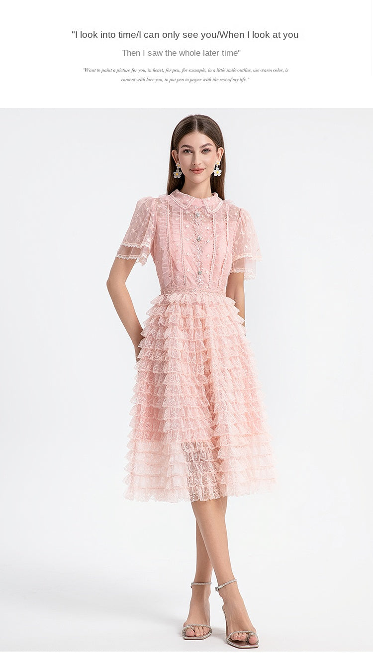 Original design short sleeved French sweet lace lace cake skirt with nail and diamond waist cinching temperament dress