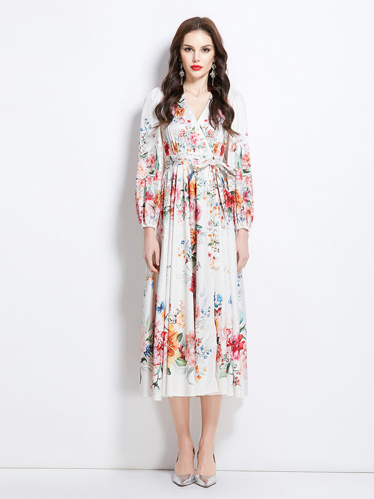 Original Design Spring/Summer Oil Painting Flower Pattern Wrapped Mid length Dress