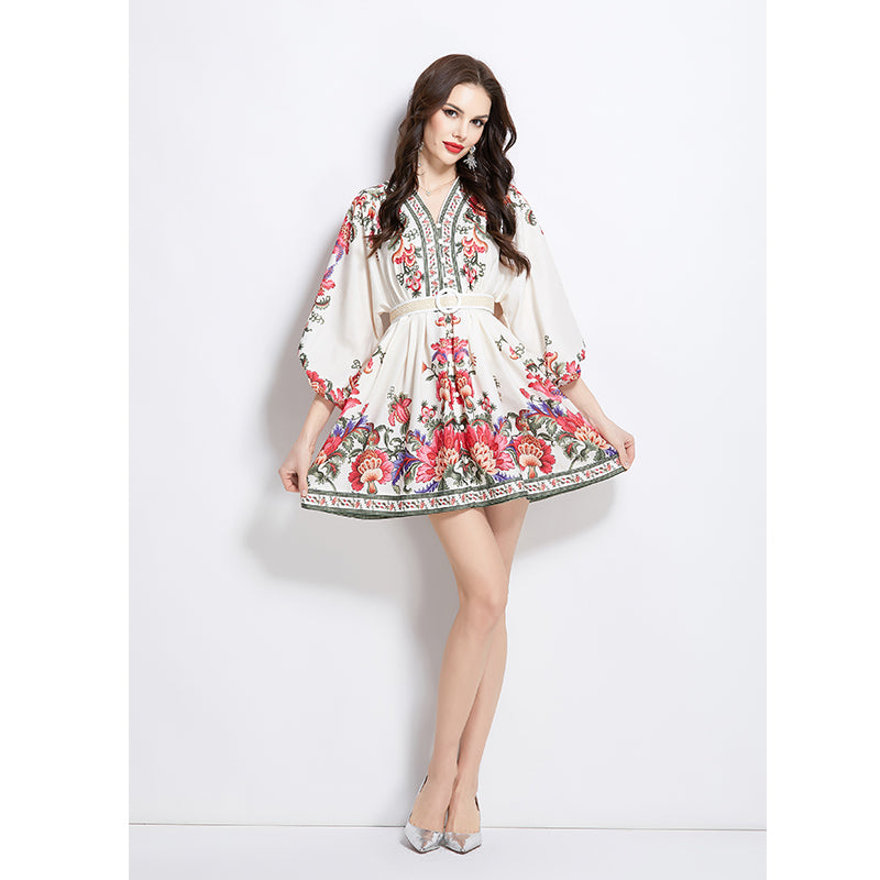 Original design spring summer autumn vacation ethnic style print elegant temperament short V-neck dress