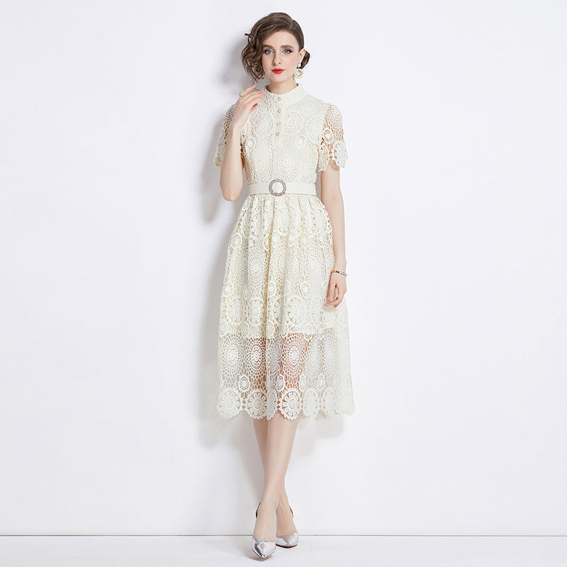 Original design niche dress new style temperament, waist cinching and slimming, hollow out water-soluble lace long skirt