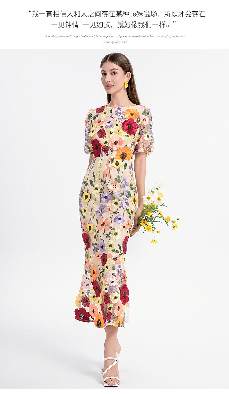 Handmade three-dimensional color embroidery puff sleeve wrap hip temperament mermaid tail skirt art handmade three-dimensional color embroidery puff sleeve hip wrap temperament mermaid skirt