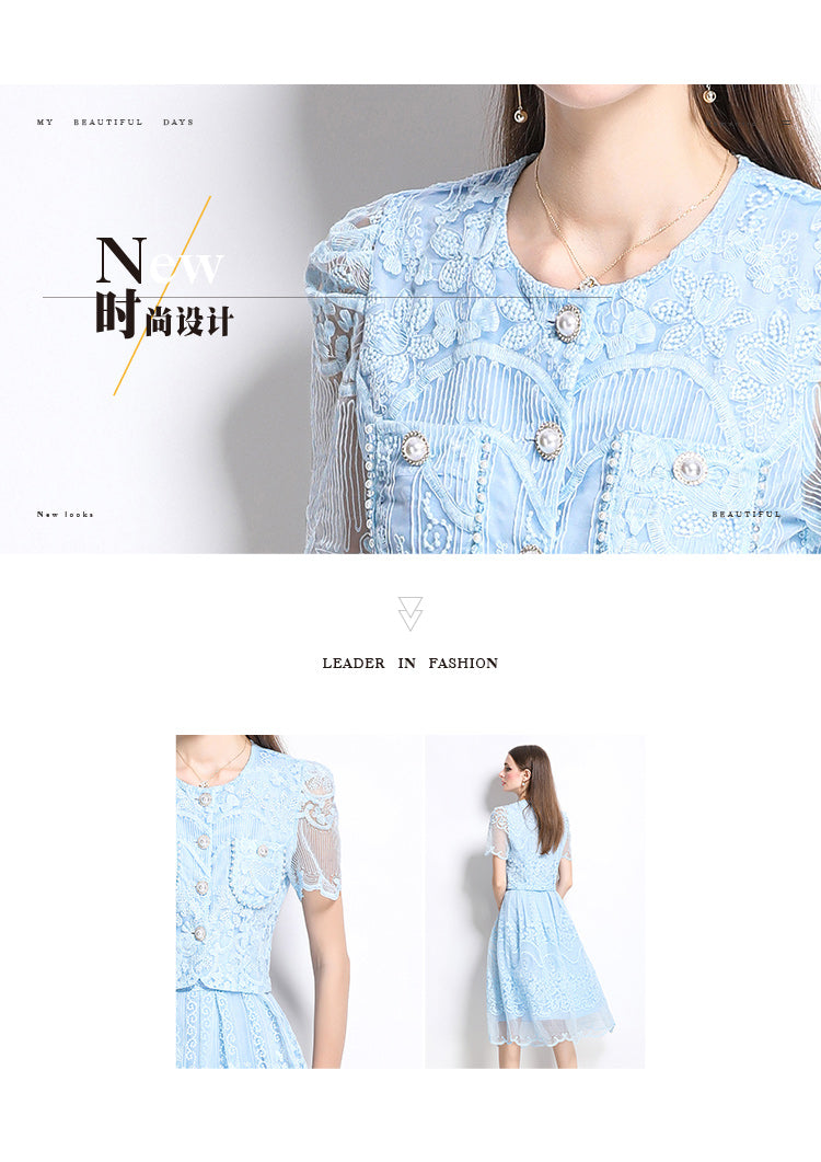 Original design for spring and summer small fragrance style set light luxury and high-end water-soluble lace skirt two-piece set