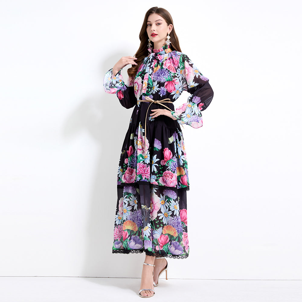 Original design - spring and summer fake lace cake skirt floral print waist ruffle skirt
