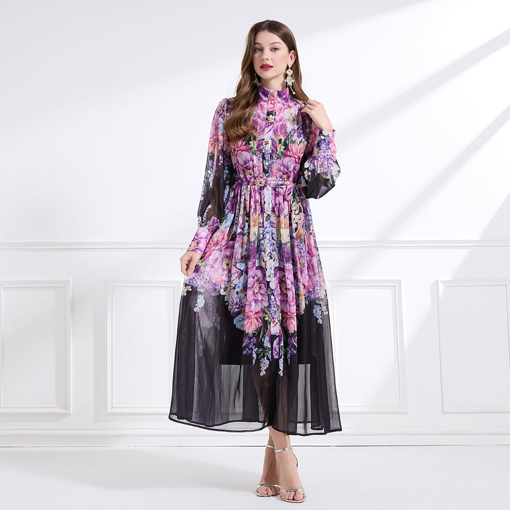 Original design - stand collar, watercolor, floral print, balloon sleeves, cinched waist, large skirt, ruffled skirt
