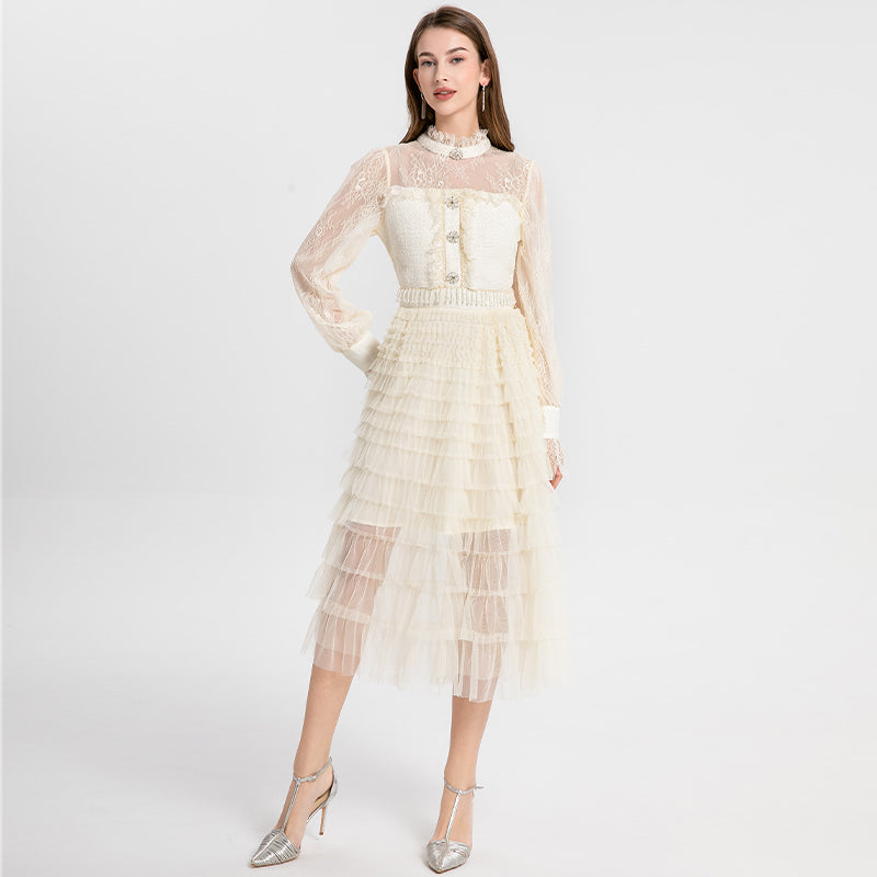 Women's clothing heavy art, coarse tweed splicing mesh cake skirt