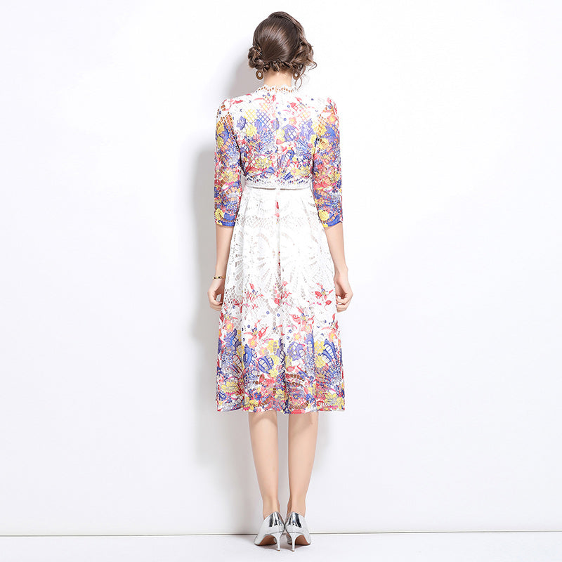 Original design mid long sleeved fashionable slimming hollow out water-soluble lace positioning mid length dress