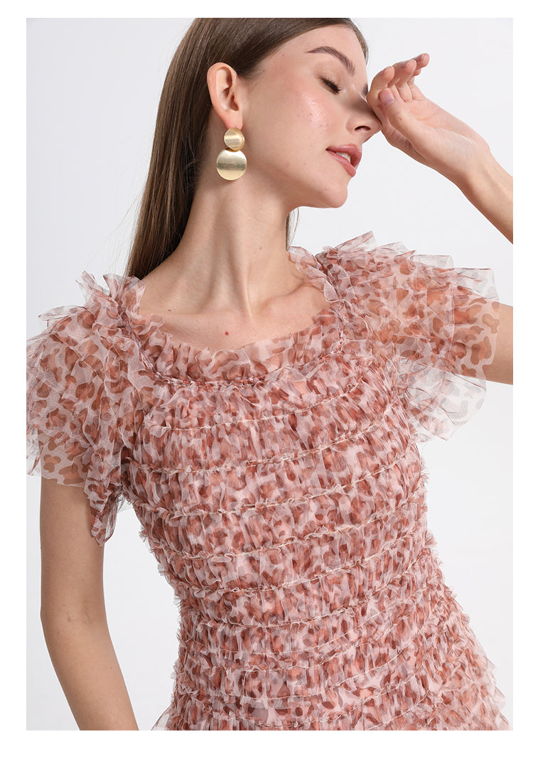 Beautiful French leopard print puff sleeve one-shoulder mesh temperament dress