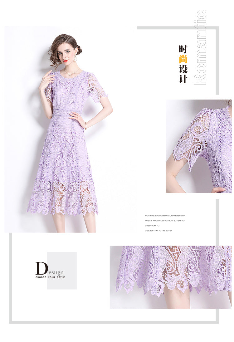 Original design temperament short sleeved skirt slim fit waist cinching heavy industry water-soluble lace dress for women