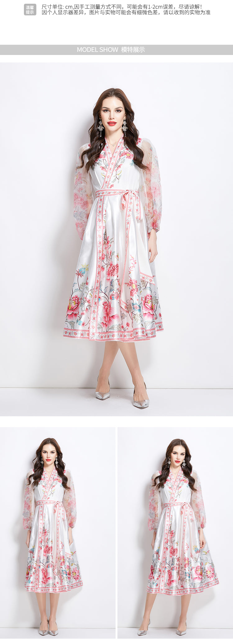 Original Design Spring/Summer V-neck Ethnic Style Printed Satin Wrapped Long Dress