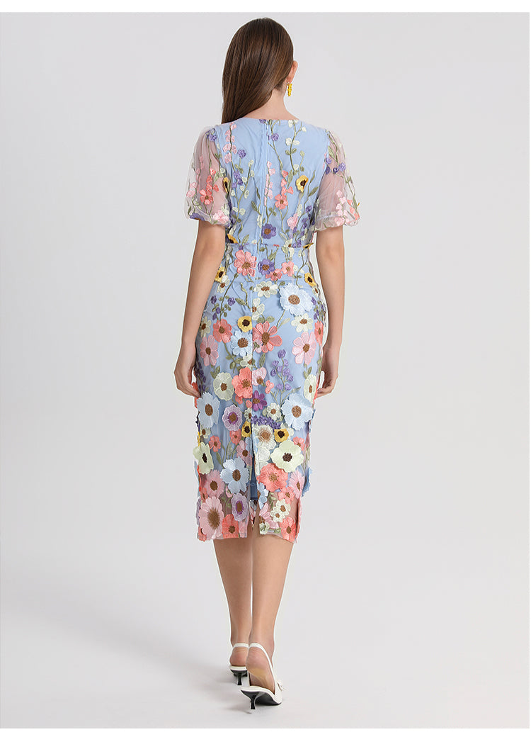 Art embroidery boutique color hand-ordered vintage V-neck slit wrap hip dress