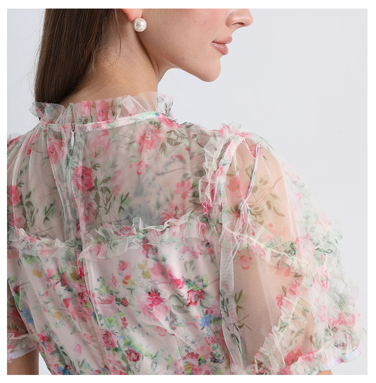 Original design heavy industry nail drill small floral French boutique mesh summer sweet dress