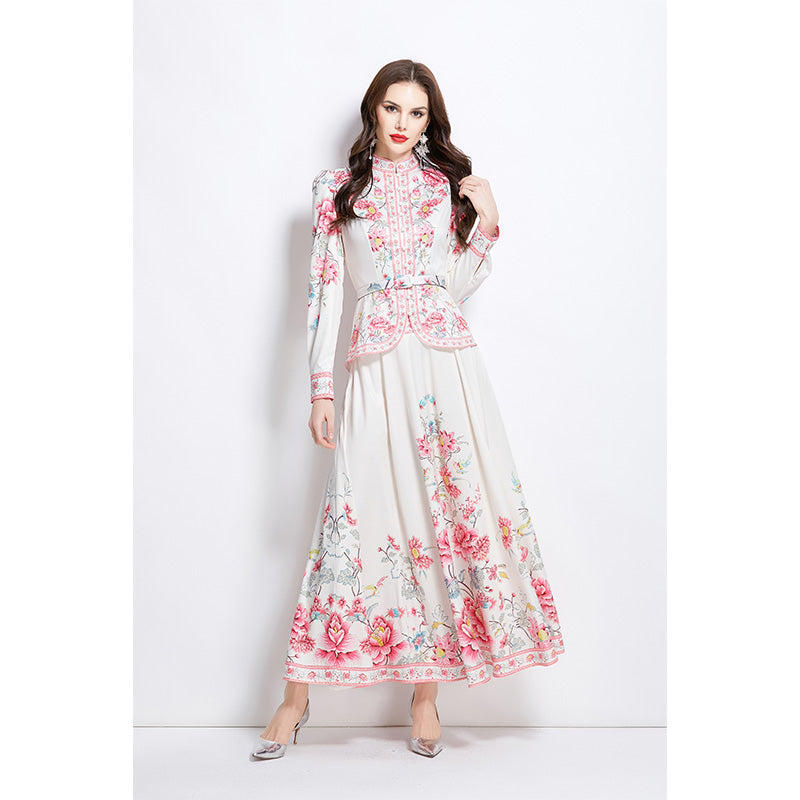 Original design for spring and summer ethnic style shirt top, mid length skirt set