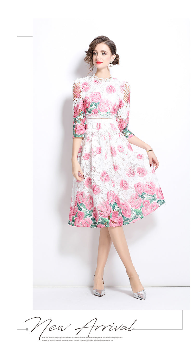 Original design mid long sleeved fashionable slimming hollow out water-soluble lace positioning mid length dress