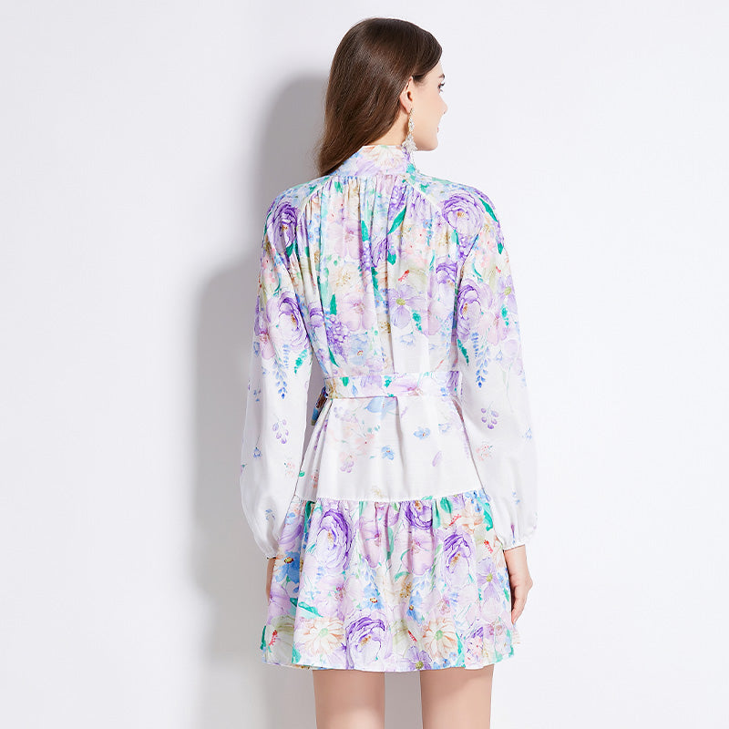 Original Design Spring/Summer Autumn Vacation New Flower Oil Painting Style Stand up Neck Short Dress