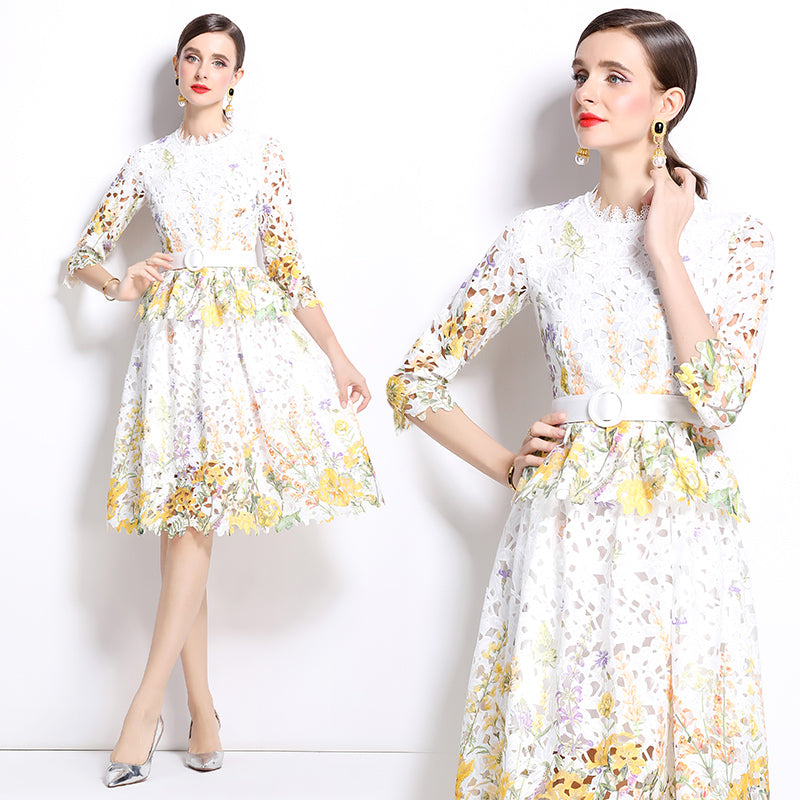 Original design mid long sleeved fashionable slimming hollow out water-soluble lace positioning mid length dress