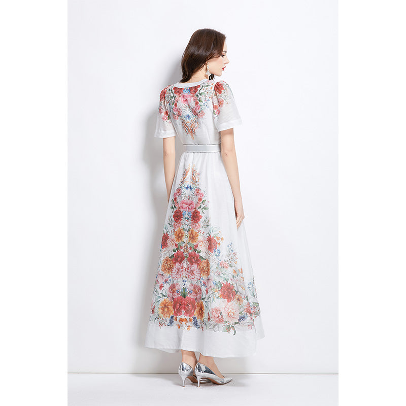 Original design of a vintage long dress with watercolor floral short sleeves for spring and summer