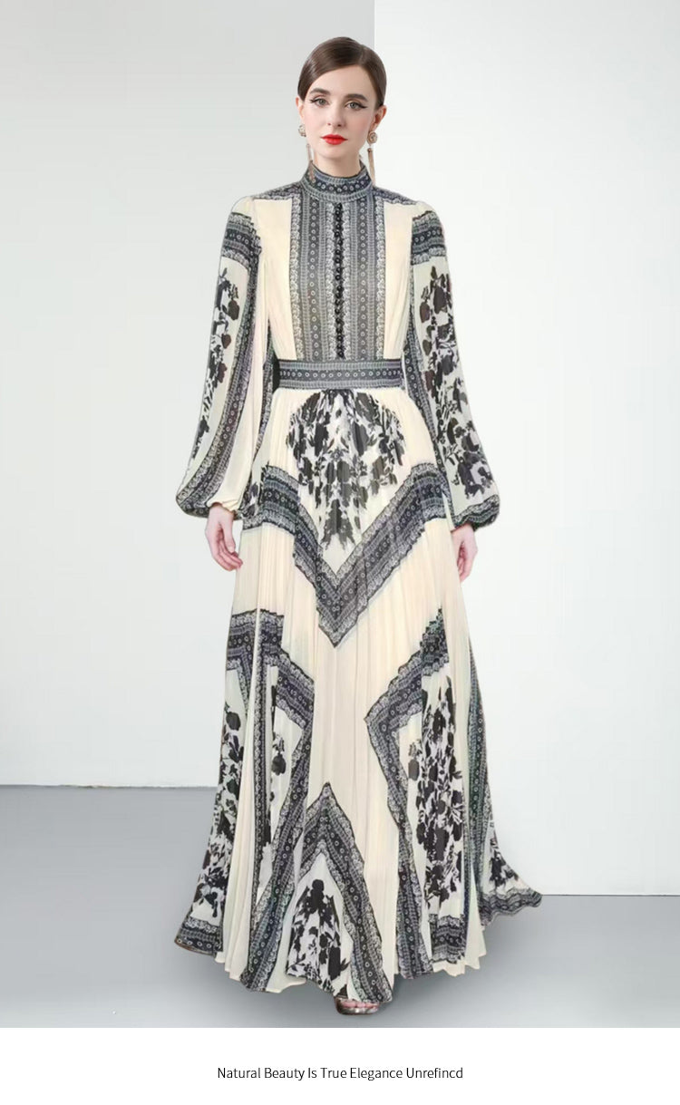 Original design for spring and summer printed evening gown, long pleated dress with large display