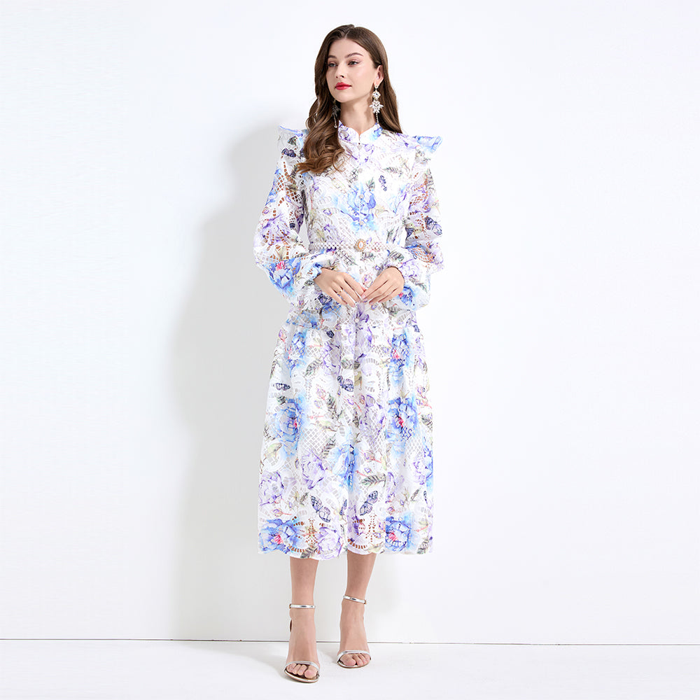 Original design - Spring/Summer vintage stand collar floral print heavy industry water-soluble long waist lace dress