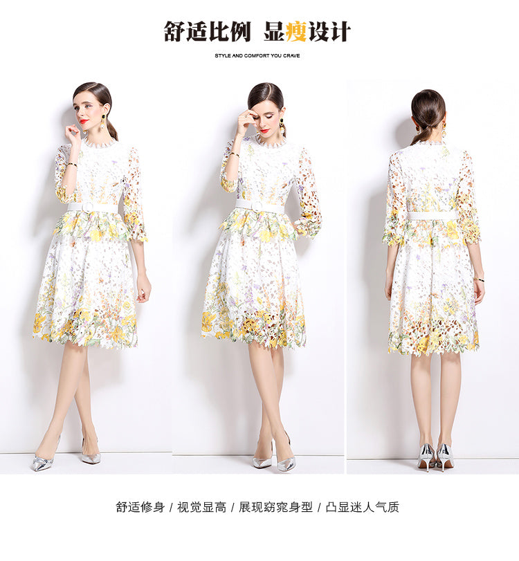 Original design mid long sleeved fashionable slimming hollow out water-soluble lace positioning mid length dress
