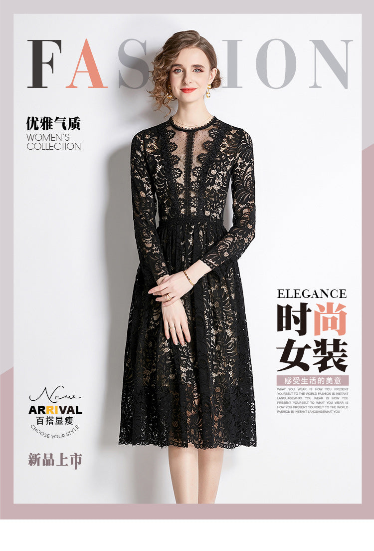 Original design for spring and summer lace slim fit lace dress with a slimming and age reducing mid length skirt for women