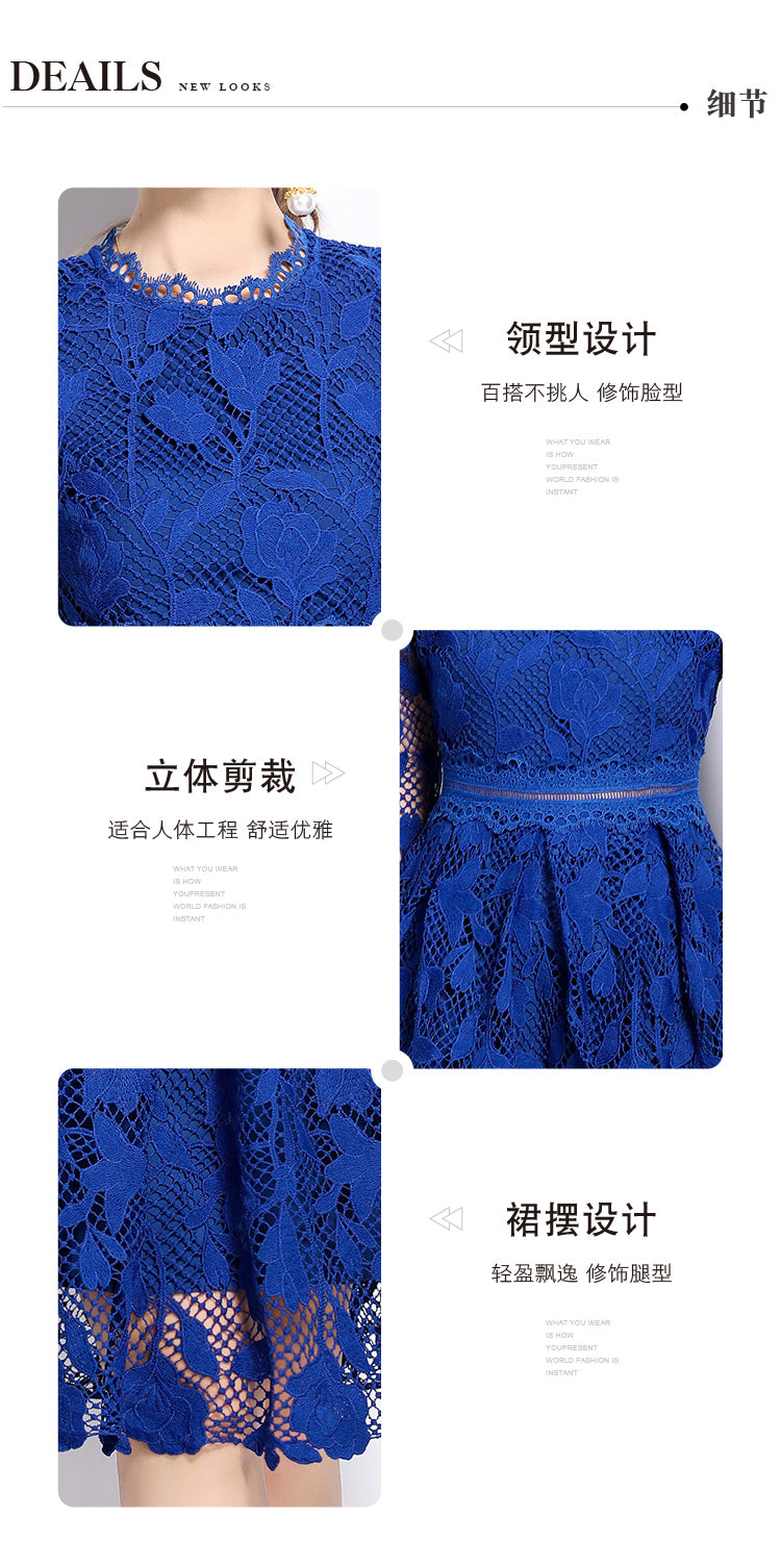 Original design mid long sleeved fashionable slimming hollow out water-soluble lace positioning mid length dress