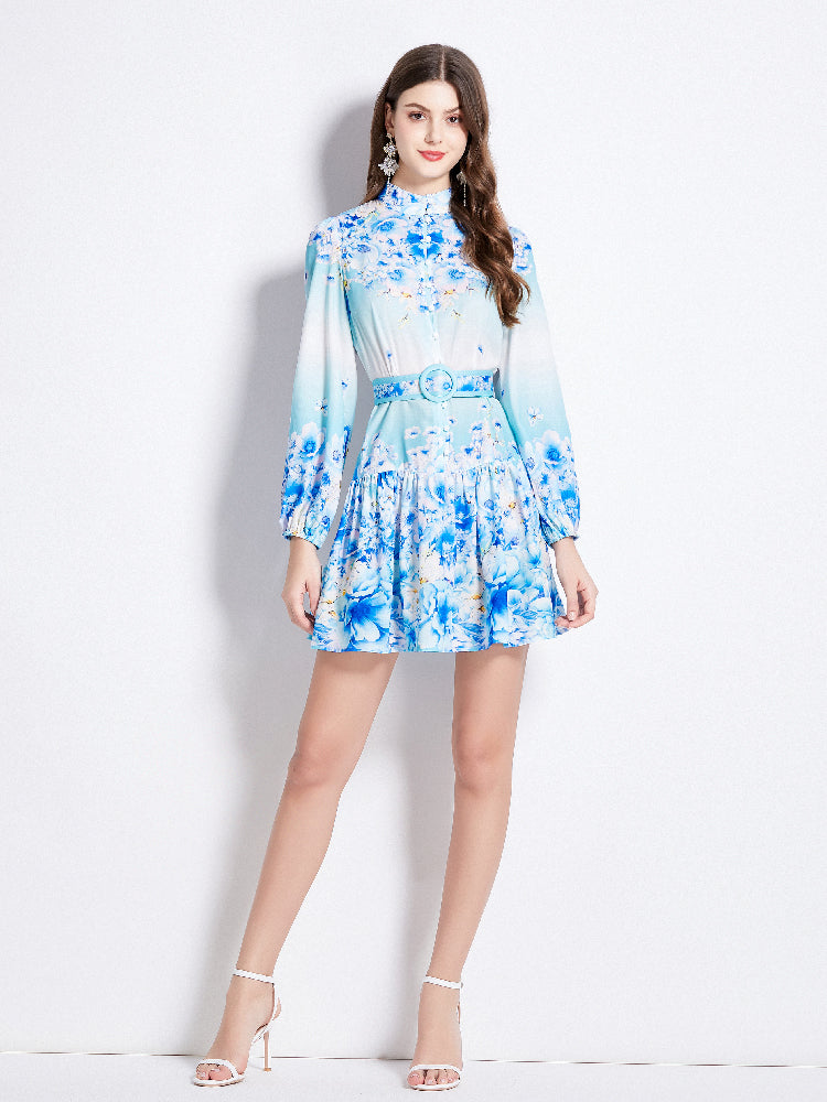 Original Design Spring/Summer Autumn Vacation New Flower Oil Painting Style Stand up Collar Long Dress