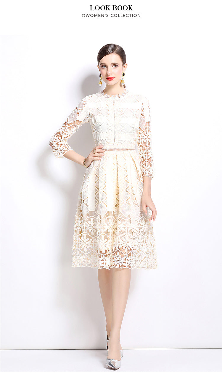 Original design mid long sleeved slimming hollow out water-soluble lace positioning printed mid length dress for spring, summer, autumn vacation