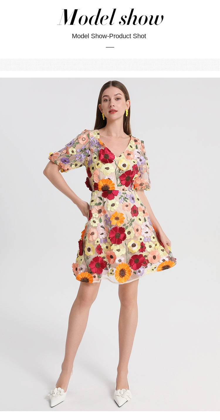 Meizhonggong boutique color handmade three-dimensional embroidered puff sleeve French pendulum dress