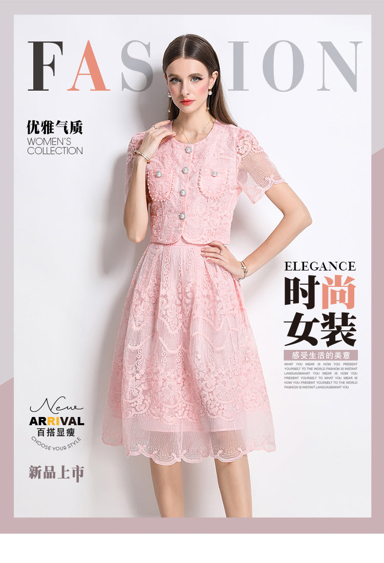 Original design for spring and summer small fragrance style set light luxury and high-end water-soluble lace skirt two-piece set