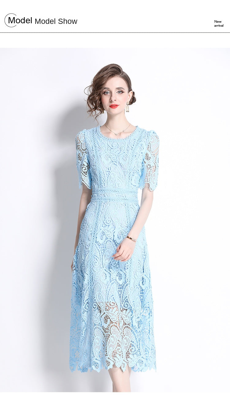 Original design temperament short sleeved skirt slim fit waist cinching heavy industry water-soluble lace dress for women