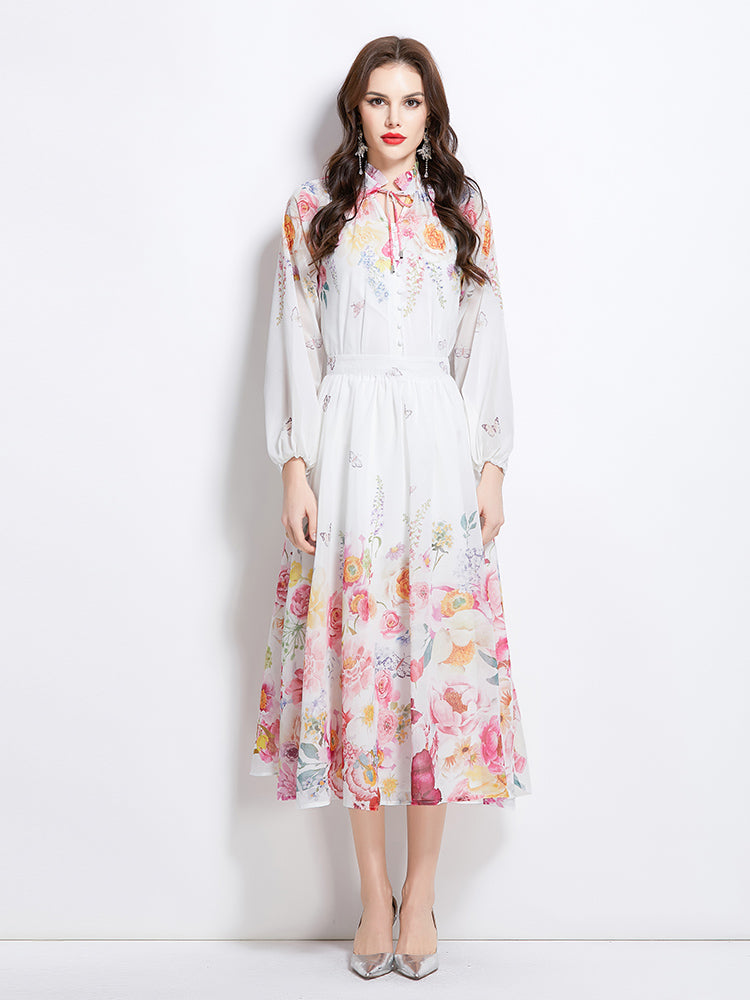 Original Design Spring Summer Autumn Vacation Lantern Sleeve Chiffon Shirt High Waist Half Skirt 2 Piece Set