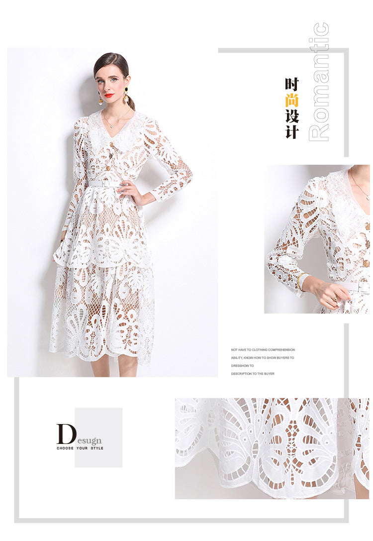 Original Design: Spring and Summer High End Water soluble Embroidered Medium length Skirt with V-neck and Waist cinching to Look Thin Dress