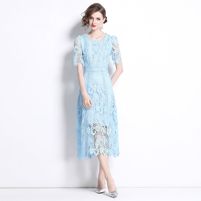 Original design temperament short sleeved skirt slim fit waist cinching heavy industry water-soluble lace dress for women