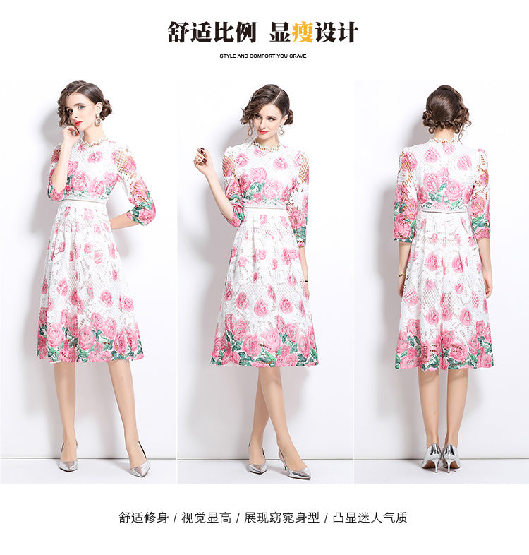 Original design mid long sleeved fashionable slimming hollow out water-soluble lace positioning mid length dress
