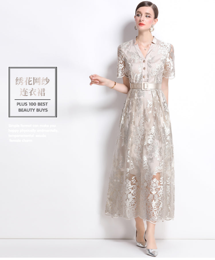 Original design mesh embroidered long dress with pockets, V-neck slim fit dress and belt