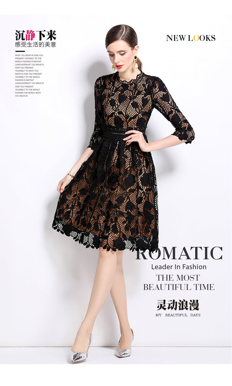 Original design mid long sleeved fashionable slimming hollow out water-soluble lace positioning mid length dress