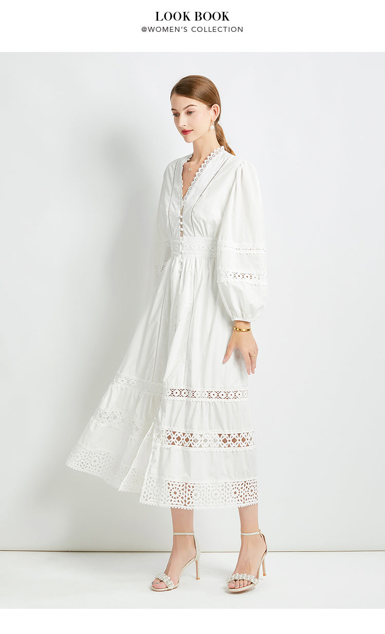 Original design fashionable temperament V-neck patchwork lace hollow out design sense long sleeved waist cinching dress