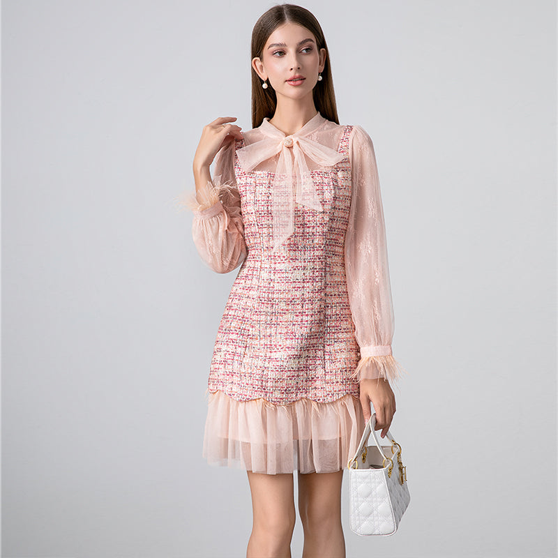 Original design: spring, summer, autumn, art lace stitching, colored tweed, small fragrance, big bow, ostrich feather dress