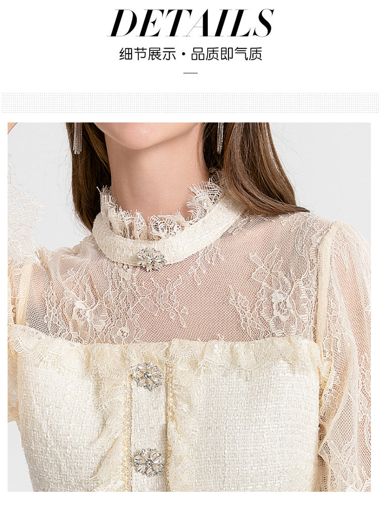 Women's clothing heavy art, coarse tweed splicing mesh cake skirt