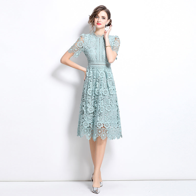 Original design short sleeved slimming hollow out water-soluble lace positioning mid length dress