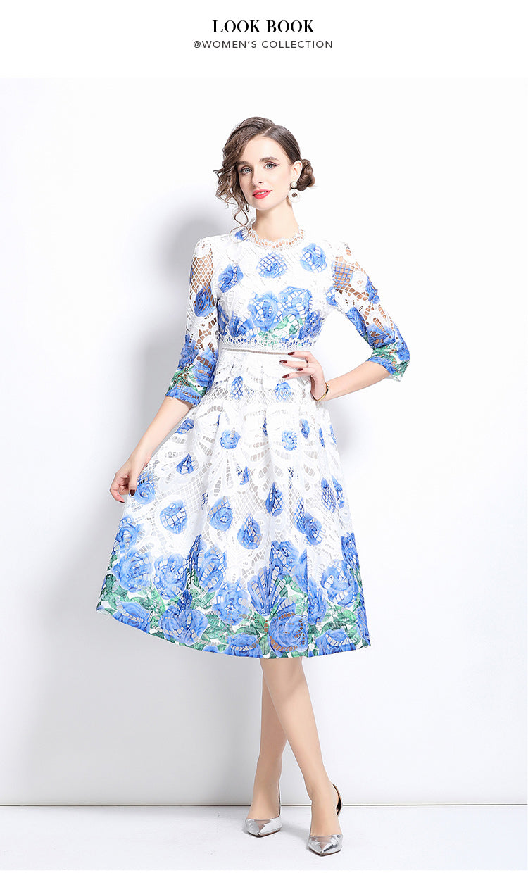 Original design mid long sleeved fashionable slimming hollow out water-soluble lace positioning mid length dress