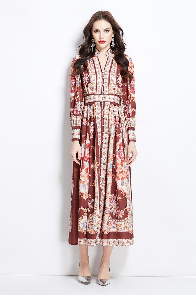 Original Design Spring/Summer Classical Palace Style Printed Flower Bouquet Waist Single breasted Long Dress