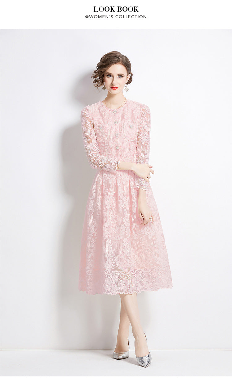Original design for spring and summer long sleeved small fragrance style set light luxury temperament water-soluble lace skirt two-piece set
