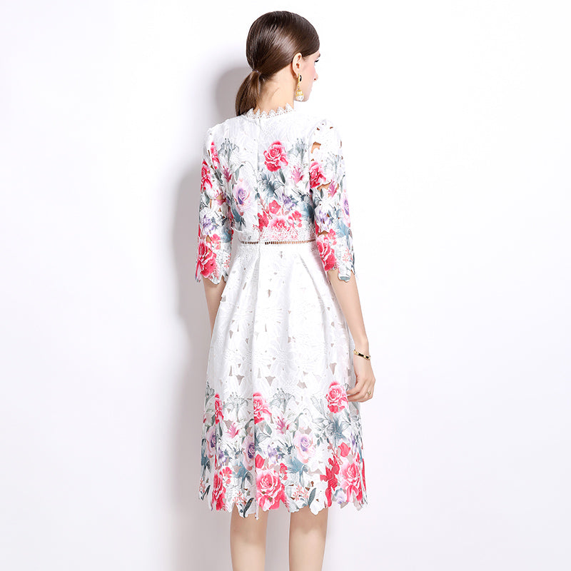 Original design mid long sleeved fashionable slimming hollow out water-soluble lace positioning mid length dress