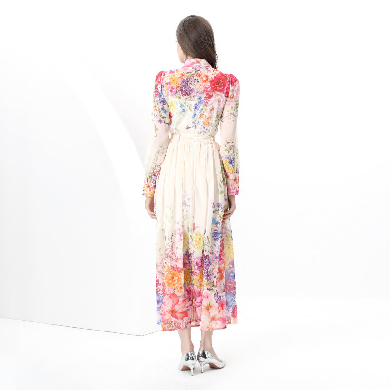 Original design: Spring, autumn and summer retro style balloon sleeve wavy edge long printed dress