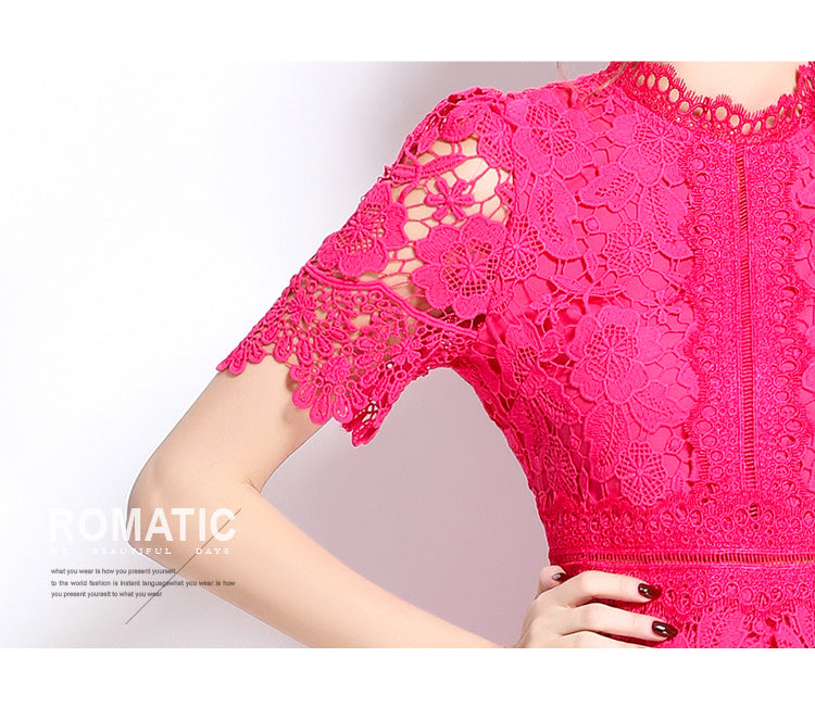 Original design short sleeved slimming hollow out water-soluble lace positioning mid length dress