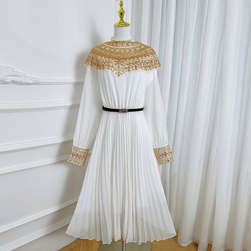 Original design premium pleated belt with gold beaded sequins draped over a chiffon pleated jumpsuit
