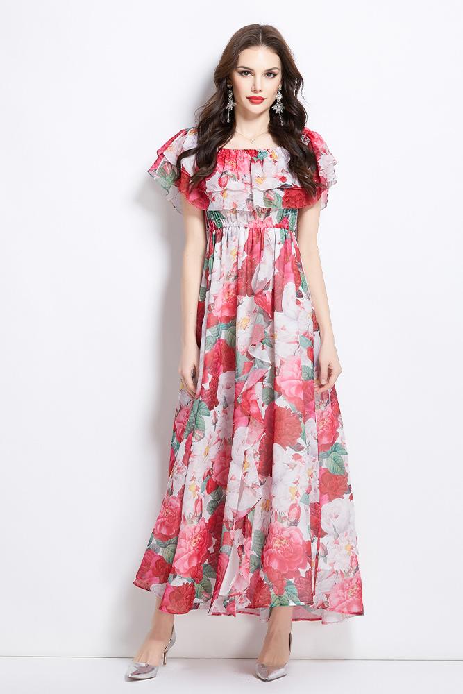 Original design for spring and summer ruffle edge one piece collar, waist cinched, big swing beach skirt, split chiffon dress