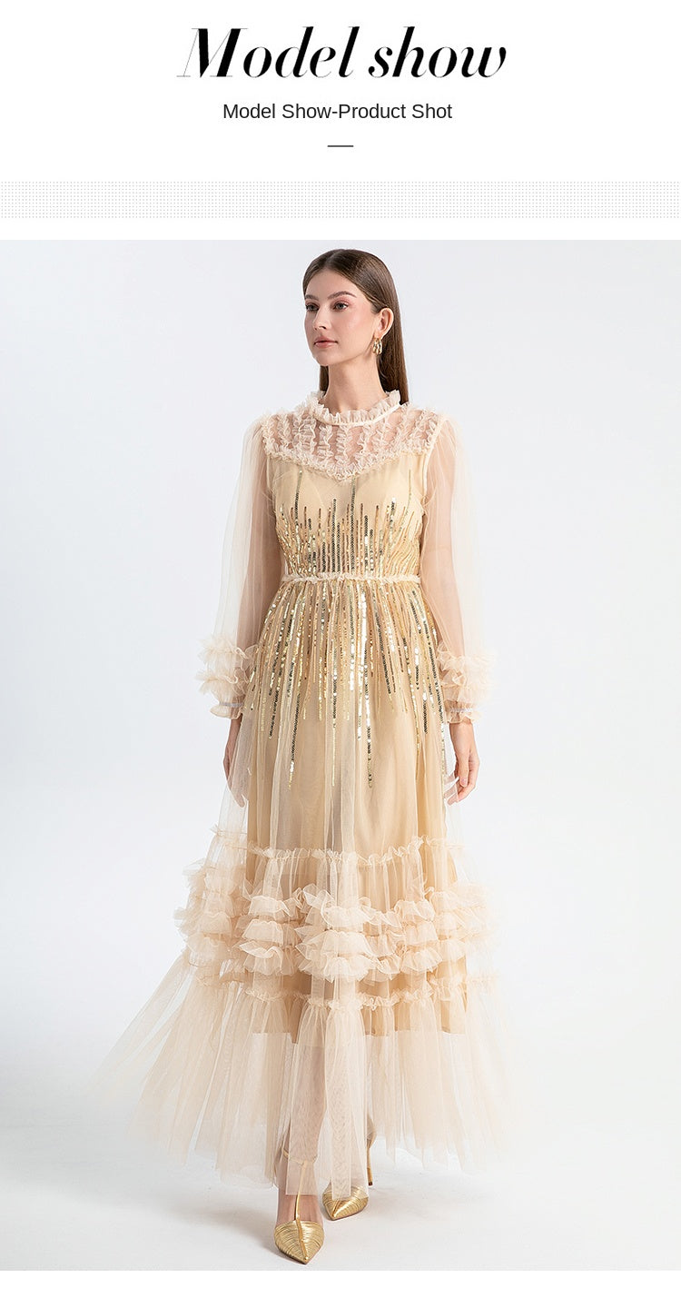 Original Design Heavy Industry Embroidered Glitter Mesh Splicing Black Fungus Edge Temperament Dress